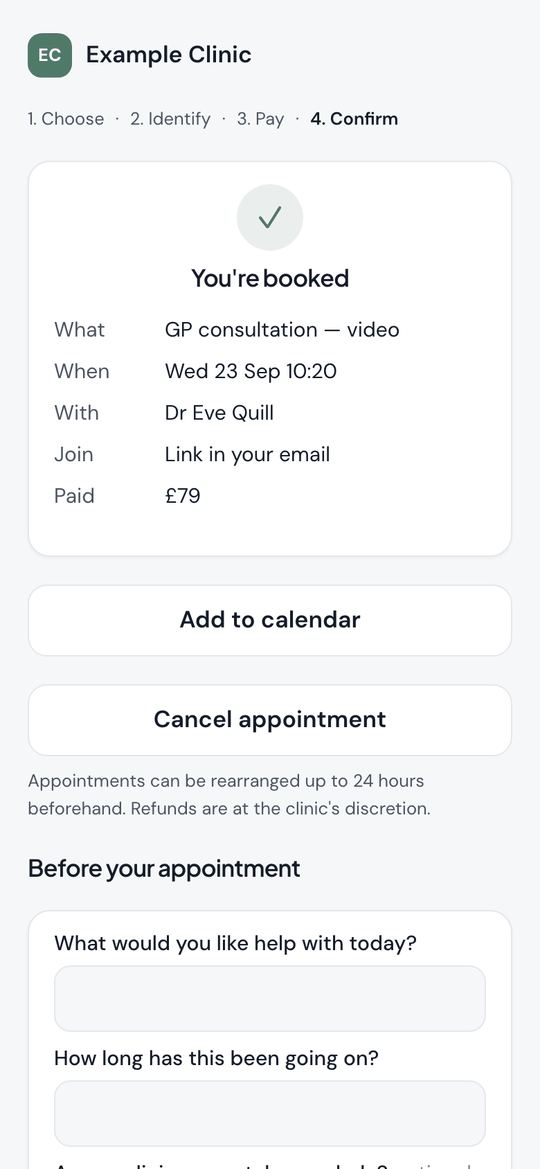 A booking confirmed on a phone: what, when, with whom and how to join, then the clinic's form to fill in.