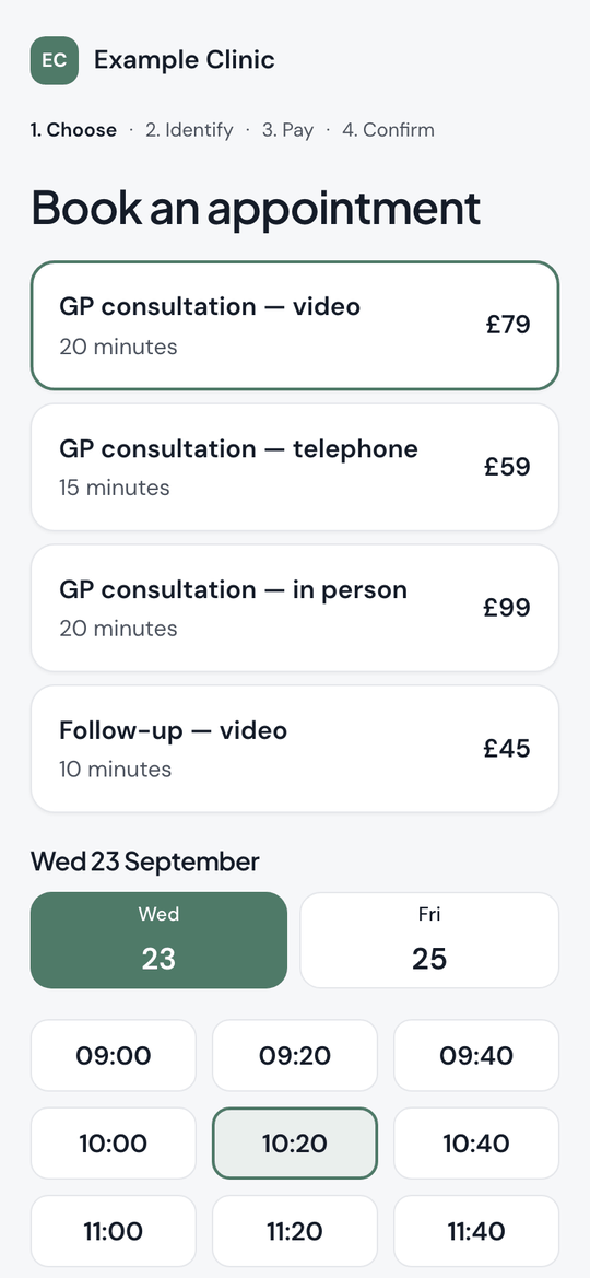 Online booking on a phone: the clinic's appointment types and the free times for the chosen day.