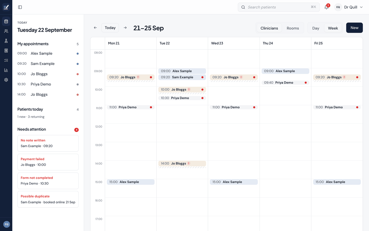The jot.clinic diary: a week of appointments for a clinician, with today's list and the things that need attention beside it.