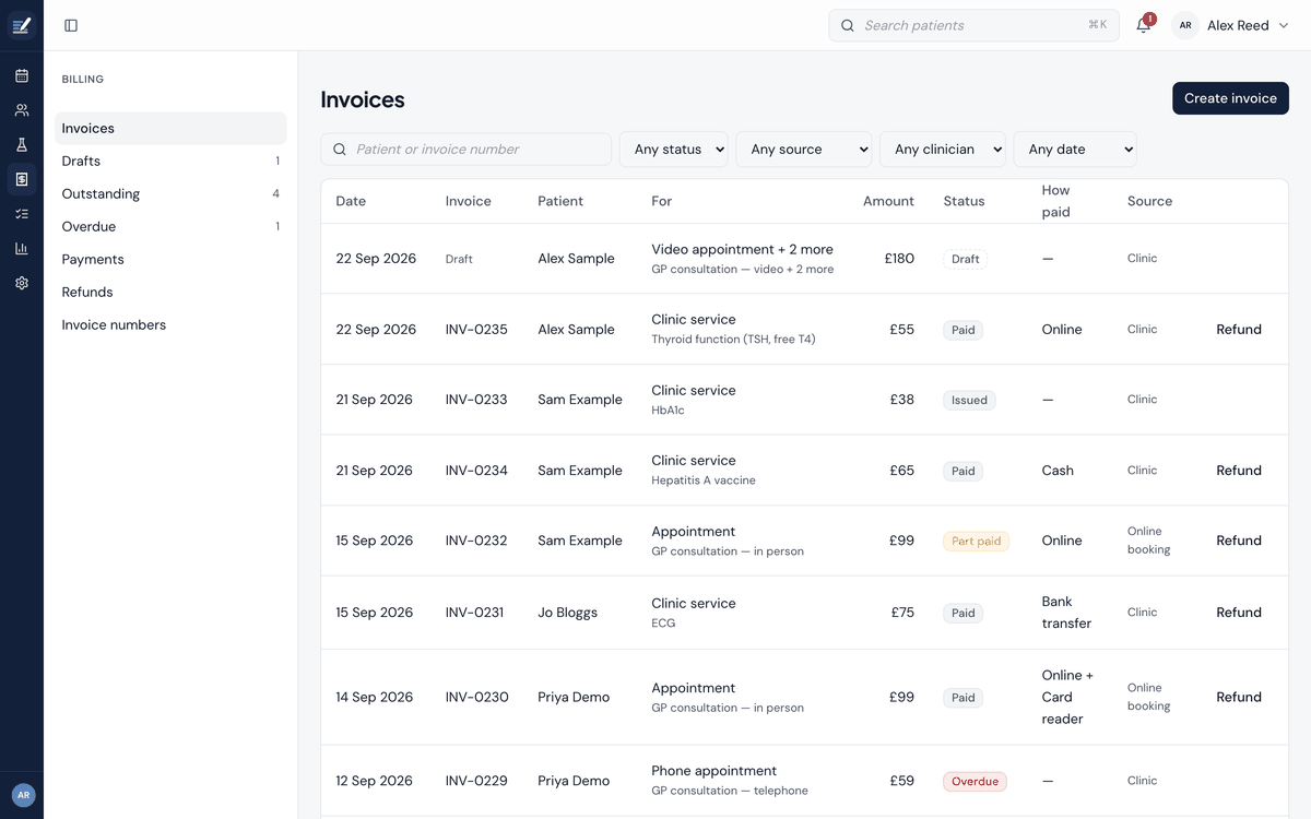 The invoices list: date, patient, what it was for, amount, status and how it was paid.