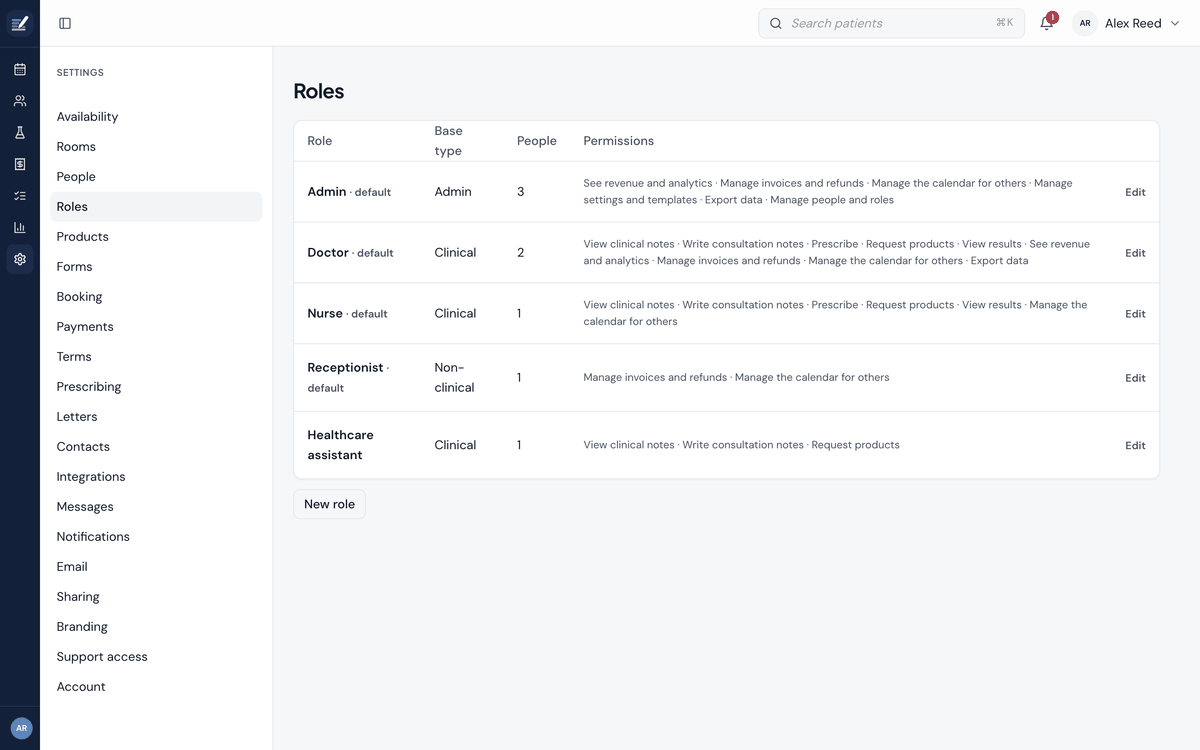 The roles settings: admin, doctor, nurse, receptionist and healthcare assistant, each with its permissions listed.